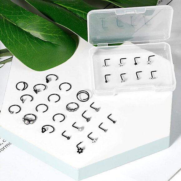 29Pcs Black Stainless Steel Nose Rings Hoops Studs Body Jewelry Gift - Picture 7 of 7